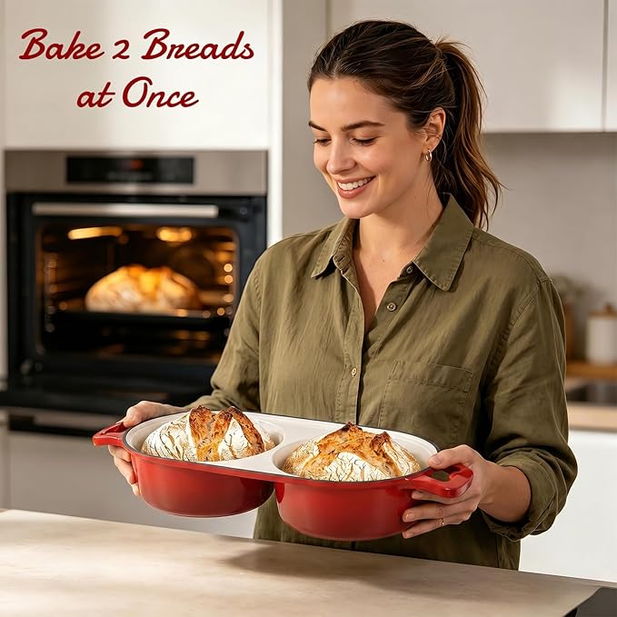 Dutch Oven For Sourdough Bread Baking – Enameled Cast Iron Dutch Oven Pot with Lid, Double Bread Loaf Pan – 500°F Oven Safe Non Stick Bread Pot for Homemade Bread, Meatloaf, Cake–Round Loaf Space, Even Heating– Red