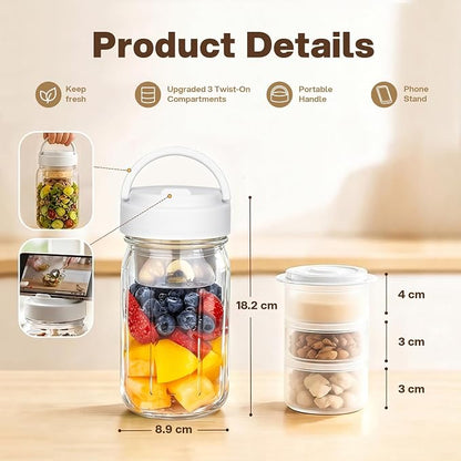 CLEANGOR 4 Pack 32 oz Glass Salad Jars Meal Prep Containers, Leakproof Mason Jars with Handle, 3 Built-in Divider Cups Wet/Dry Separation for Dressing Nuts Dry Ingredients, Ideal for Office Lunch Gym