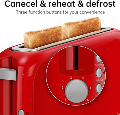 SEEDEEM 2 Slice Slim Toaster, Single 10" Long Slot Toaster Fits Bagels & Artisan Bread, 6 Shade Settings, Cancel/Reheat/Defrost, Removable Crumb Tray, Auto Shut-Off, Red