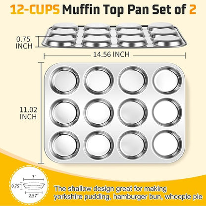 P&P CHEF 12-Cup Muffin Top Pan (2 Piece), Stainless Steel Muffin Pan Cupcake Tin with Shallow Side for Whoopie Pie & Yorkshire Pudding, Easy Clean & Oven Safe, Silver