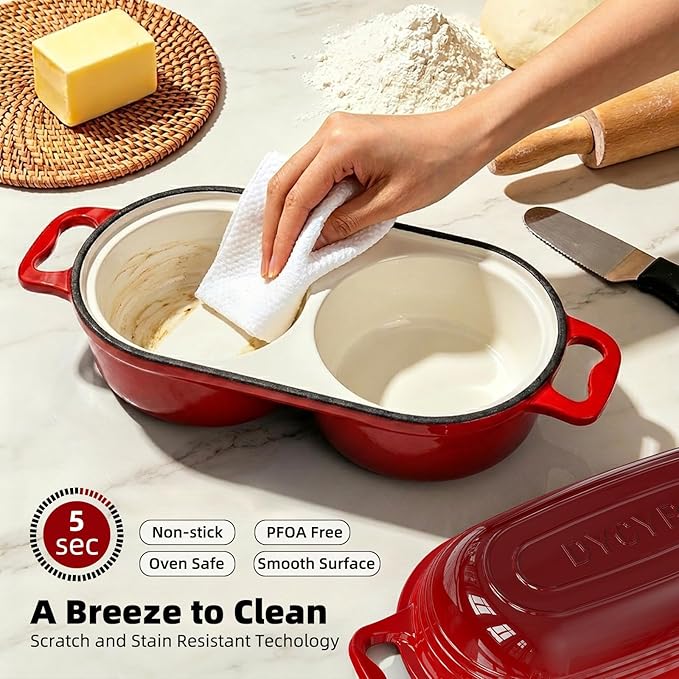 Dutch Oven For Sourdough Bread Baking – Enameled Cast Iron Dutch Oven Pot with Lid, Double Bread Loaf Pan – 500°F Oven Safe Non Stick Bread Pot for Homemade Bread, Meatloaf, Cake–Round Loaf Space, Even Heating– Red