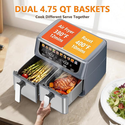DUMOS Dual Air Fryer with 2 Baskets, 10-in-1 Large Airfryer 9QT with Ceramic Crisper Plate, Sync Finish & Match Cook, Shake Reminder, Wide Temperature 80-450°F, Roast Bake Defrost Dehydrate, Grey