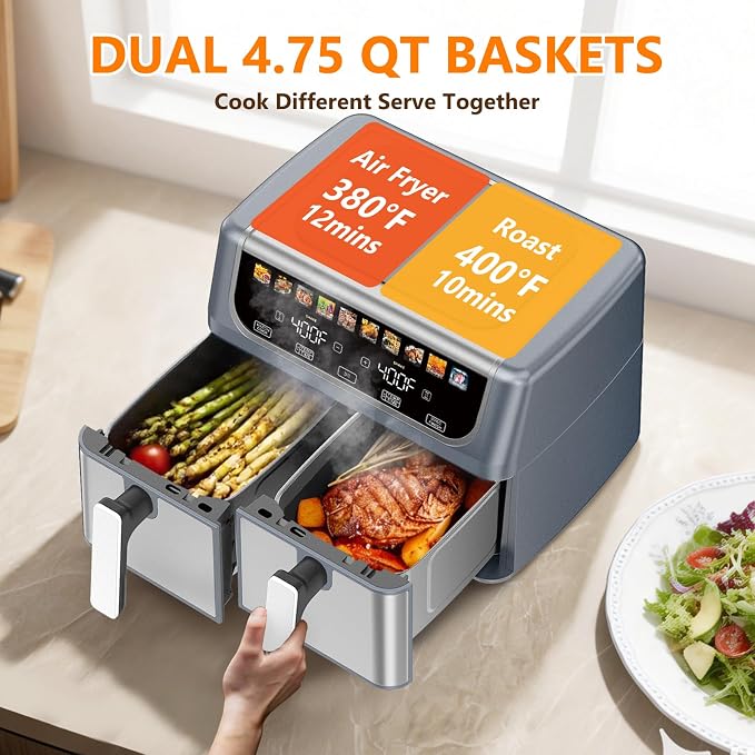 OLIXIS Dual Basket Air Fryer, 9.5 Quart Large Air Fryer with Double Basket, Independent TEMP Control, Sync Setting, Shake Reminder, 10 Presets for Bake, Broil, Defrost, Dehydrate, Grey