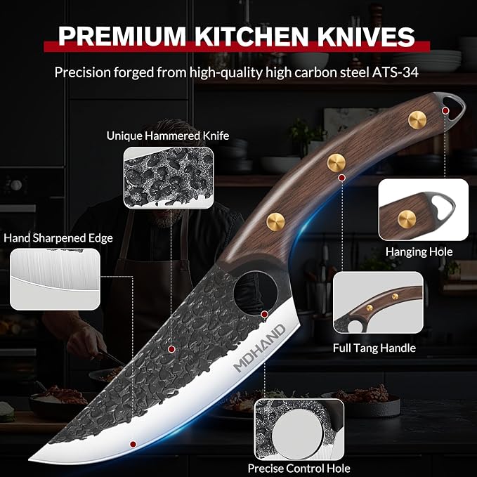 MDHAND Butcher Knife Set, Hand Forged Viking Kitchen Serbian Chef Knife Set with Roll Bag, Heavy Duty Meat Cleaver & Brisket Knives & Meat Cutting Knife for BBQ, Outdoor Camping, Gifts for Men Women
