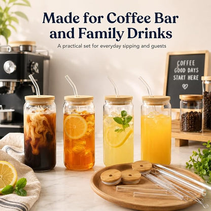Glass Cups with Lids and Straws Set of 12, 16 oz Can Glasses with Bamboo Lids and Glass Straws, Iced Coffee Cups for Coffee Bar, Cocktails, Summer Parties, Family Gatherings and Housewarming