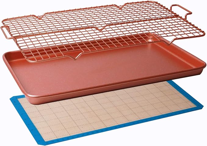 CasaWare 3pc Ultimate Commercial Weight 15 x 10 x 1-inch Cookie Sheet/Cooling Grid/Silicone Mat Bakeware Set (Rose Gold Granite)