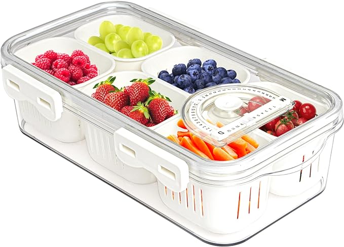 Divided Food Serving Tray with Lids Stackable Snackle Box for Candy Nuts Spice Fruit&Veggie Container with 6 Small Dividers Plastic Storage Bins for Fridge Pantry Freezer