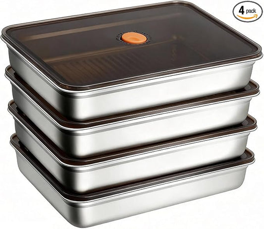 Stainless Steel Food Containers, 4 Piece Set Meal Prep Containers with Lids, Stackable Stainless Steel Freezer Containers, Bacon Cheese Food Storage Containers with Airtight Vacuum Seal, 95oz