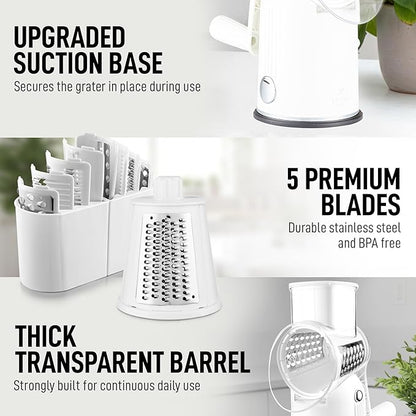 Zulay Kitchen Rotary Cheese Grater 5 Blade Cheese Shredder - Manual Hand Crank Cheese Grater With Reinforced Suction & 5 Interchangeable Drums - Easy to Use, Vegetable Chopper Round Mandoline Slicer