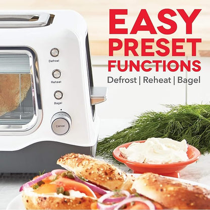 Dash Clear View Toaster, 10.5" Long Slot 2 Slice Toaster with See-Through Glass Window, 7 Browning Levels, Bagel, Defrost & Reheat Functions, Removable Glass Panel, Crumb Tray - White