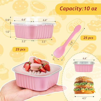 LNYZQUS Mini Cake Pans with Lids 25 Pack,10oz Small Baking Tins Foil Muffin Cups for Brownie, Individual 4” Bread Pan Disposable Cupcake Containers for Valentine Holiday Bake Sale-Pink