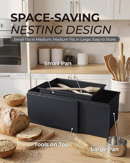 CARTMAN 3-Piece Pullman Loaf Pan with Lid Set – Non-Stick Carbon Steel Bread Pan with Bottom Vents – Includes Large (12"), Medium (8") & Mini (7") Sizes plus Silicone Tools – Classic Black