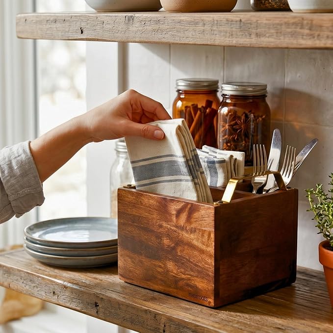 nestroots Silverware, Napkins & Spoon Holder, Teak Wood Utensil Caddy with Stainless Steel Handle, Organizer Countertop, Cutlery Holder for Party, Fork, Knife Organizer