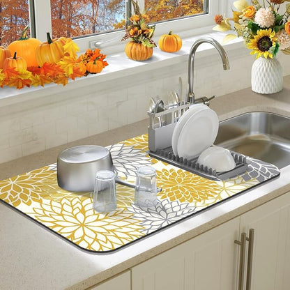 Findosom 2PCS 16" x 24" Fall Dish Drying Mat & 24" x 5.5" Sink Splash Guard, Super Absorbent & Cuttable Dish Mat Drying Kitchen Mat with Yellow Floral, Hide Stain Drying Mat for Kitchen Counter