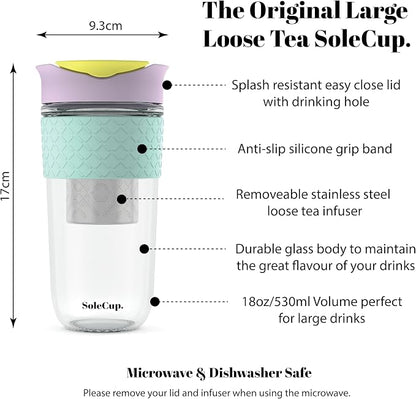 Large Travel Mug Loose Tea Infuser - Detachable Tea Strainer with Spill Proof Lid - 18oz/530ml BPA-Free Reusable Glass Travel Coffee Cup with Silicone Band (Ice Cream, 18oz)