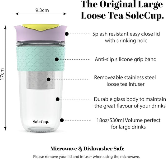 Large Travel Mug Loose Tea Infuser - Detachable Tea Strainer with Spill Proof Lid - 18oz/530ml BPA-Free Reusable Glass Travel Coffee Cup with Silicone Band (Ice Cream, 18oz)