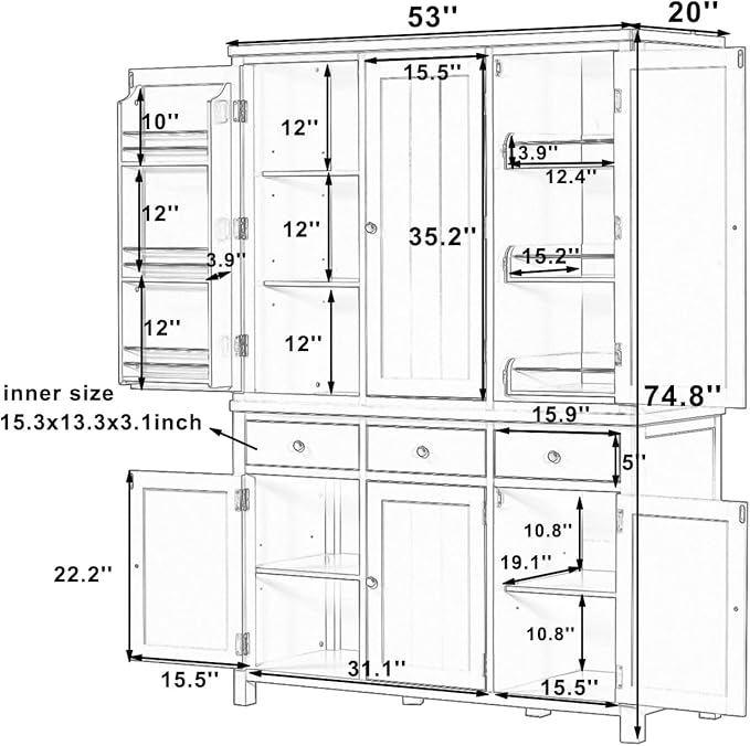 74.8''H High Freestanding Kitchen Pantry, Wooden Kitchen Organizers Cupboard Storage Cabinet with Door Shelves, Adjustable Shelves, Pull-out Trays and Drawers for Dining Room Living Room (Blue-2.12)