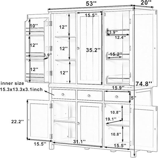 74.8''H High Freestanding Kitchen Pantry, Wooden Kitchen Organizers Cupboard Storage Cabinet with Door Shelves, Adjustable Shelves, Pull-out Trays and Drawers for Dining Room Living Room (Blue-2.12)