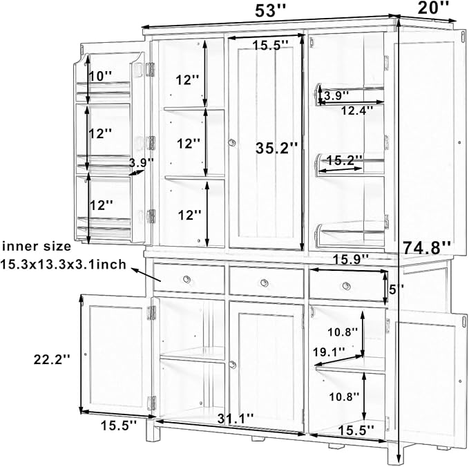 74.8''H High Freestanding Kitchen Pantry, Wooden Kitchen Organizers Cupboard Storage Cabinet with Door Shelves, Adjustable Shelves, Pull-out Trays and Drawers for Dining Room Living Room (Gray-2.12)
