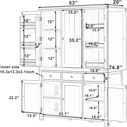 74.8''H High Freestanding Kitchen Pantry, Wooden Kitchen Organizers Cupboard Storage Cabinet with Door Shelves, Adjustable Shelves, Pull-out Trays and Drawers for Dining Room Living Room (Gray-2.12)
