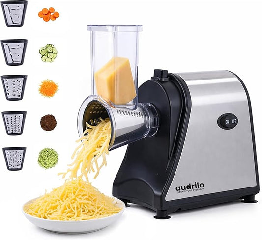 AUDRILO Electric Salad Maker & Cheese Grater, 5-in-1 Electric Vegetable Slicer with Interchangeable Stainless Steel Blades, Electric Food Processor for Cheese, Fruits & Vegetables, Electric Grater