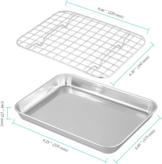Set of 4 Baking Sheets with Rack, Stainless Steel Small Baking Tray, Oven Tray and Grid Rack for Baking Roasting, 9.4 x 7 x 1 inch
