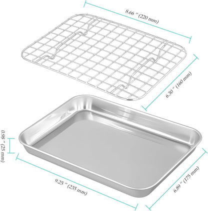 Set of 4 Baking Sheets with Rack, Stainless Steel Small Baking Tray, Oven Tray and Grid Rack for Baking Roasting, 9.4 x 7 x 1 inch