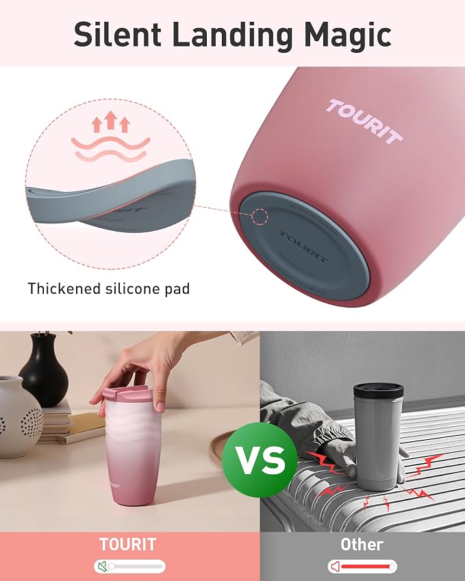TOURIT 12 oz Travel Coffee Mug, Vacuum Insulated Stainless Steel Tumbler with Ripple-Wave Anti-Slip Grip, Built-in Silicone Bottom for Quiet & Stable, Leak-Proof Lid, Fits Car Cup Holder, Pink