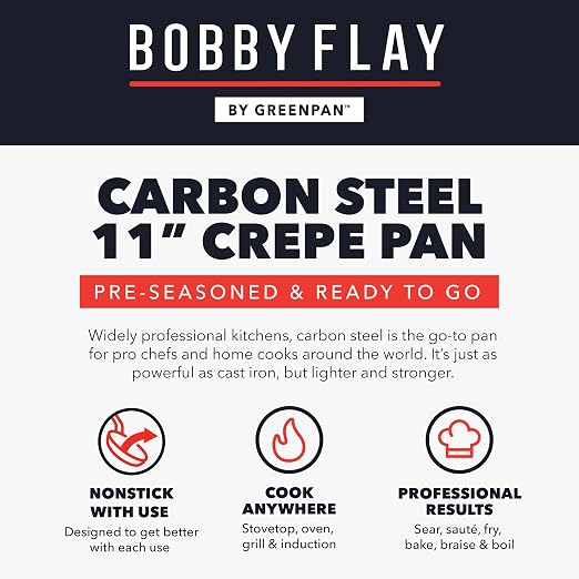 GreenPan x Bobby Flay 11" Carbon Steel Crepe Pan, Pre-Seasoned, Nontoxic, PFAS-Free, Induction Compatible, Pancake & Omelet Flat Griddle, High-Heat & Oven Safe Cookware, Cast Iron Alternative