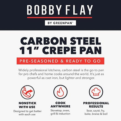 GreenPan x Bobby Flay 11" Carbon Steel Crepe Pan, Pre-Seasoned, Nontoxic, PFAS-Free, Induction Compatible, Pancake & Omelet Flat Griddle, High-Heat & Oven Safe Cookware, Cast Iron Alternative