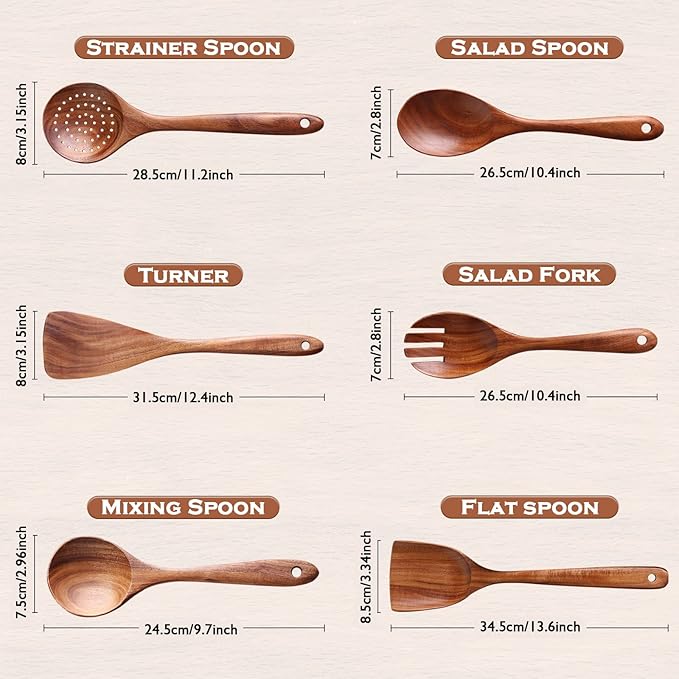 Kitchen 6Pcs Acacia Wooden Spoons for Cooking, Wooden Utensils Set | Durable, Non Toxic, Non-Stick, Smooth Finish, Easy to Clean, Comfort Grip, House Warming Gift