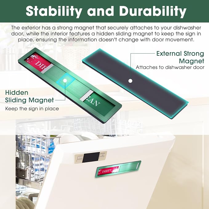 Dishwasher Magnet – Red & Green Clean Dirty Sign, 304 Stainless Steel with Adhesive Tape, Easy Slide for Kitchen Decor & Home Organization Gift (S106)