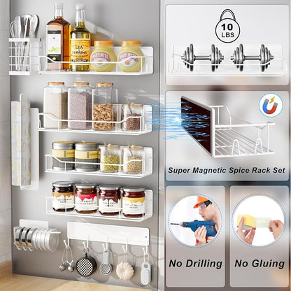 Magnetic Spice Rack for Refrigerator,8 Pack Magnetic Fridge Shelf, Moveable Spice Organizer with Hook Rack, Paper Towel Holder, Utensil Holder,cup lid holder, Super Magnetic Rack Set (White)