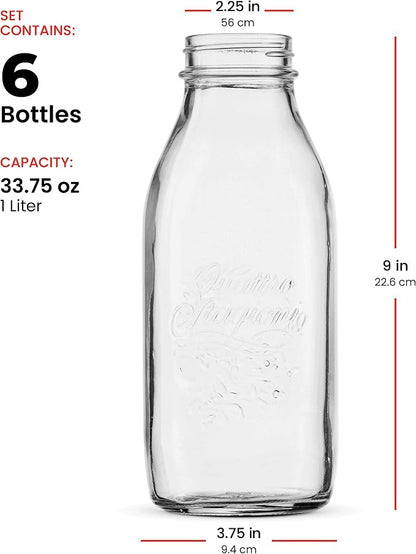 Bormioli Rocco Quattro Stagioni Glass Milk Bottle 33.75 Ounce/1 Liter with Airtight Lid, Great For Kombucha Brewing Bottle, Beer, Homemade Juicing, Smoothies, Beverages, Durable Construction. (6 Pack)