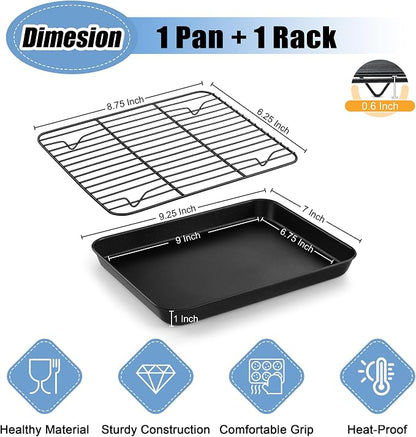 TeamFar Toaster Oven Pan with Rack Set, 9.25 x 7 x 1 Inch Carbon Steel Mini Baking Pan Tray with Cooling Rack for Roasting Cooling, Non-Toxic & Heavy Duty, Nonstick & Easy Clean