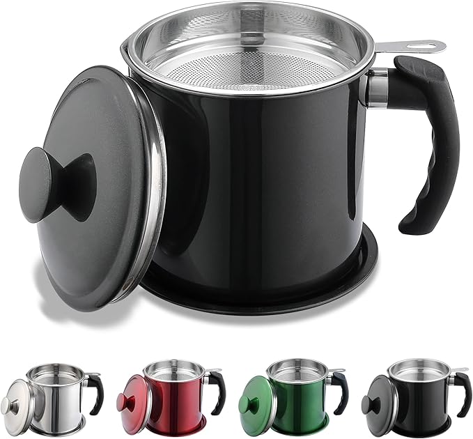Kyraton Black Bacon Grease Container With Strainer, 48 oz Black Coating Stainless Steel Oil Container, Pot Fat Storage With Lid, Easy Grip Handle Suitable For Storing Frying Oil And Cooking Grease