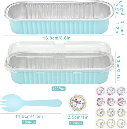 100Pack Mini Cake Pans Disposable Mini Loaf Pans with Lids and Spoons and Stickers, 6.8Oz Aluminum Foil Pans Tins, Individual Dessert Cups Containers for Sales,Party,Picnics Sky Blue