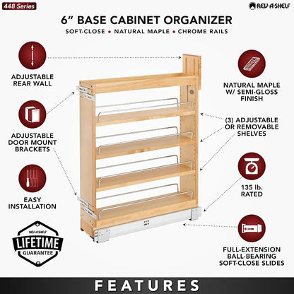 Rev-A-Shelf Maple Pullout Organizer w/Blum Soft-Close for Base Cabinets, Full Extension Slides & Adjustable Shelves, Min Opening Width of 5.5", 448-BCSC-5C