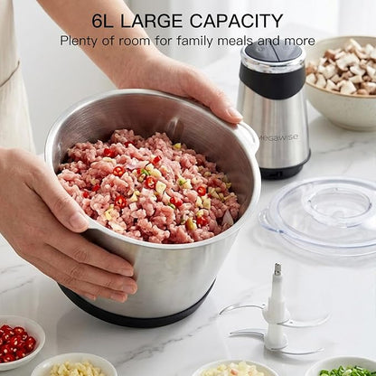 MEGAWISE Electric Food Processor, 1000W Meat Grinder & Vegetable Chopper with 6L 304# Stainless Steel Bowl, Dual-Speed Food Chopper for Meat, Vegetables, Fruits, Nuts, and Baby Food