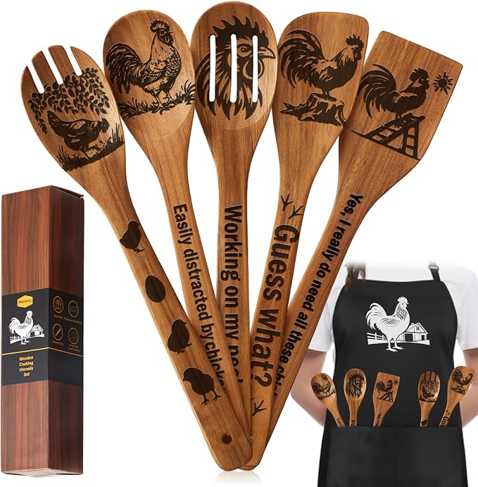 Remerry 6 Pcs Rooster Gifts for Women Rooster Kitchen Gift Set with Acacia Cooking Spoons Apron Kitchen Cooking Utensils Set for Mother's Day Housewarming Gift