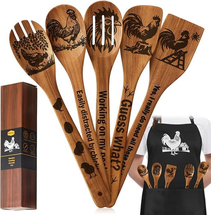 Remerry 6 Pcs Rooster Gifts for Women Rooster Kitchen Gift Set with Acacia Cooking Spoons Apron Kitchen Cooking Utensils Set for Mother's Day Housewarming Gift