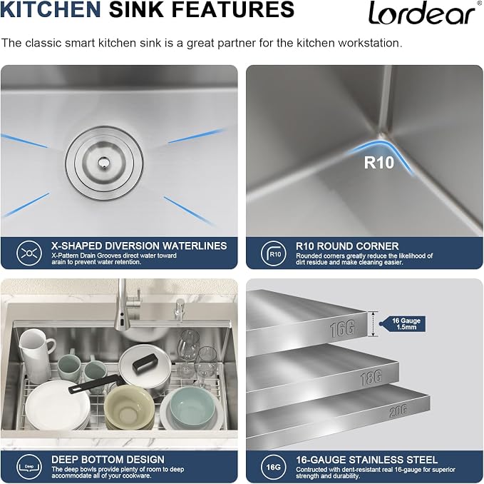 Lordear 33x22 Inch Drop In Kitchen Sink With Faucet - 33 Kitchen Sink With Faucet Combo Workstation 16 Gauge Stainless Steel Single Bowl Topmount Basin with All Accessories, 33x22x10 Inch