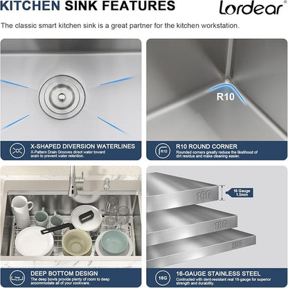 Lordear 33x22 Inch Drop In Kitchen Sink With Faucet - 33 Kitchen Sink With Faucet Combo Workstation 16 Gauge Stainless Steel Single Bowl Topmount Basin with All Accessories, 33x22x10 Inch