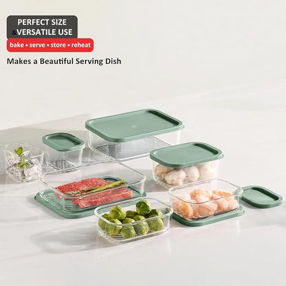 EATEX Grooved Base Glass Meal Prep Containers, 14 Pack Glass Storage Containers with Lids for Meal Prep & Lunch, Microwave Oven Freezer Dishwasher Safe, Anti Moisture Non-Stick Design - Sage Green