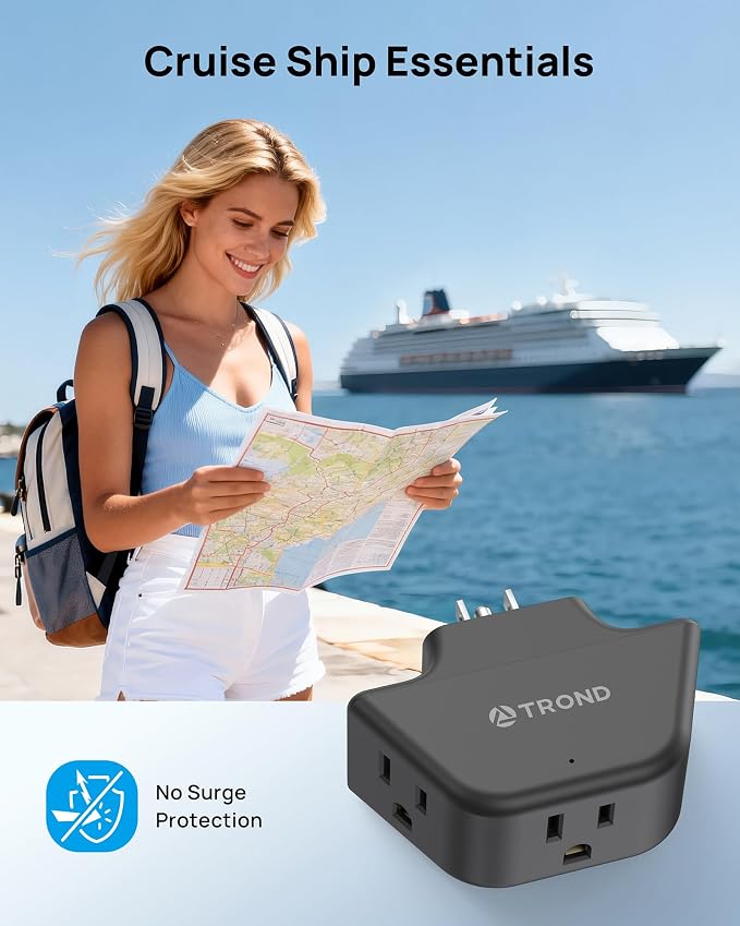 TROND 2 Pack Outlet Extender with 360 Rotating Plug, 3 Way Angled Wall Plug Adapter, Small Multiple Outlet Splitter for Bathroom Kitchen Cruise Ship Travel Essentials, Black