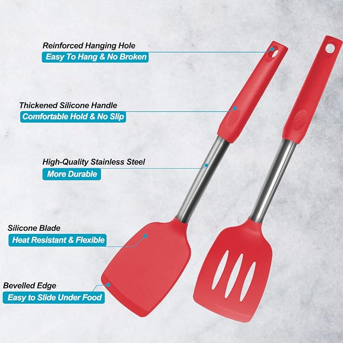 Silicone Spatula and Cooking Spoon,5 Pack Non-Stick Cooking Utensils for Kitchen，Heat Resistant Solid & Slotted Spoons and Spatulas, Stainless Steel Handle Coated with Silicone,Red