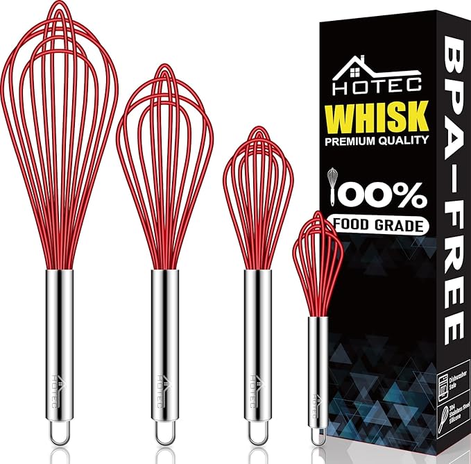 HOTEC 4 Pieces Silicone Whisks Set, Wire Balloon Whisks for cooking Egg Beater, Non-slip Handle Whisk for Non-stick Cookware Perfect for Cooking, Stirring, Beating and Blending,Red