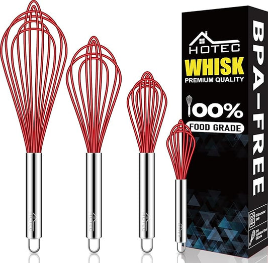 HOTEC 4 Pieces Silicone Whisks Set, Wire Balloon Whisks for cooking Egg Beater, Non-slip Handle Whisk for Non-stick Cookware Perfect for Cooking, Stirring, Beating and Blending,Red
