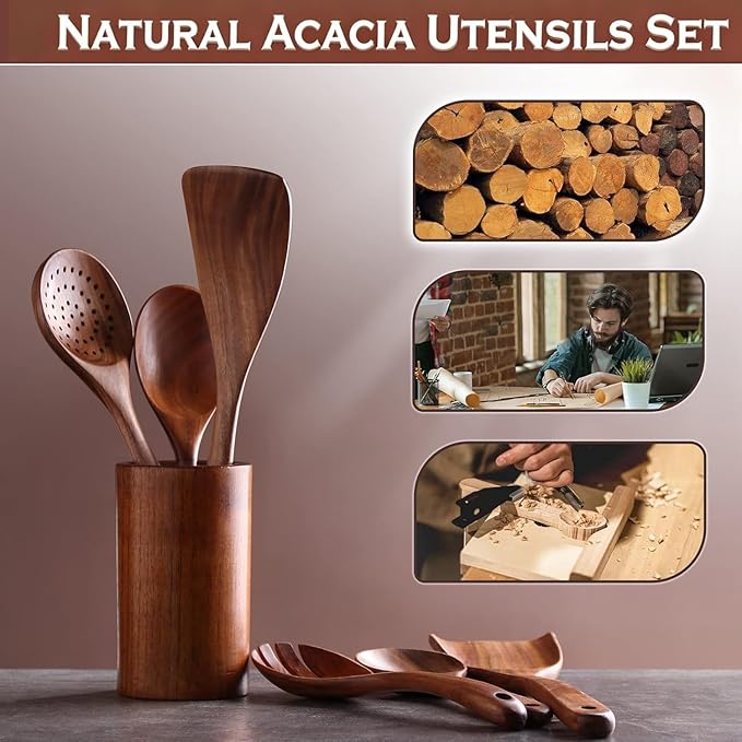 Kitchen 6Pcs Acacia Wooden Spoons for Cooking, Wooden Utensils Set | Durable, Non Toxic, Non-Stick, Smooth Finish, Easy to Clean, Comfort Grip, House Warming Gift