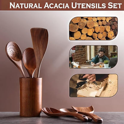 Kitchen 6Pcs Acacia Wooden Spoons for Cooking, Wooden Utensils Set | Durable, Non Toxic, Non-Stick, Smooth Finish, Easy to Clean, Comfort Grip, House Warming Gift